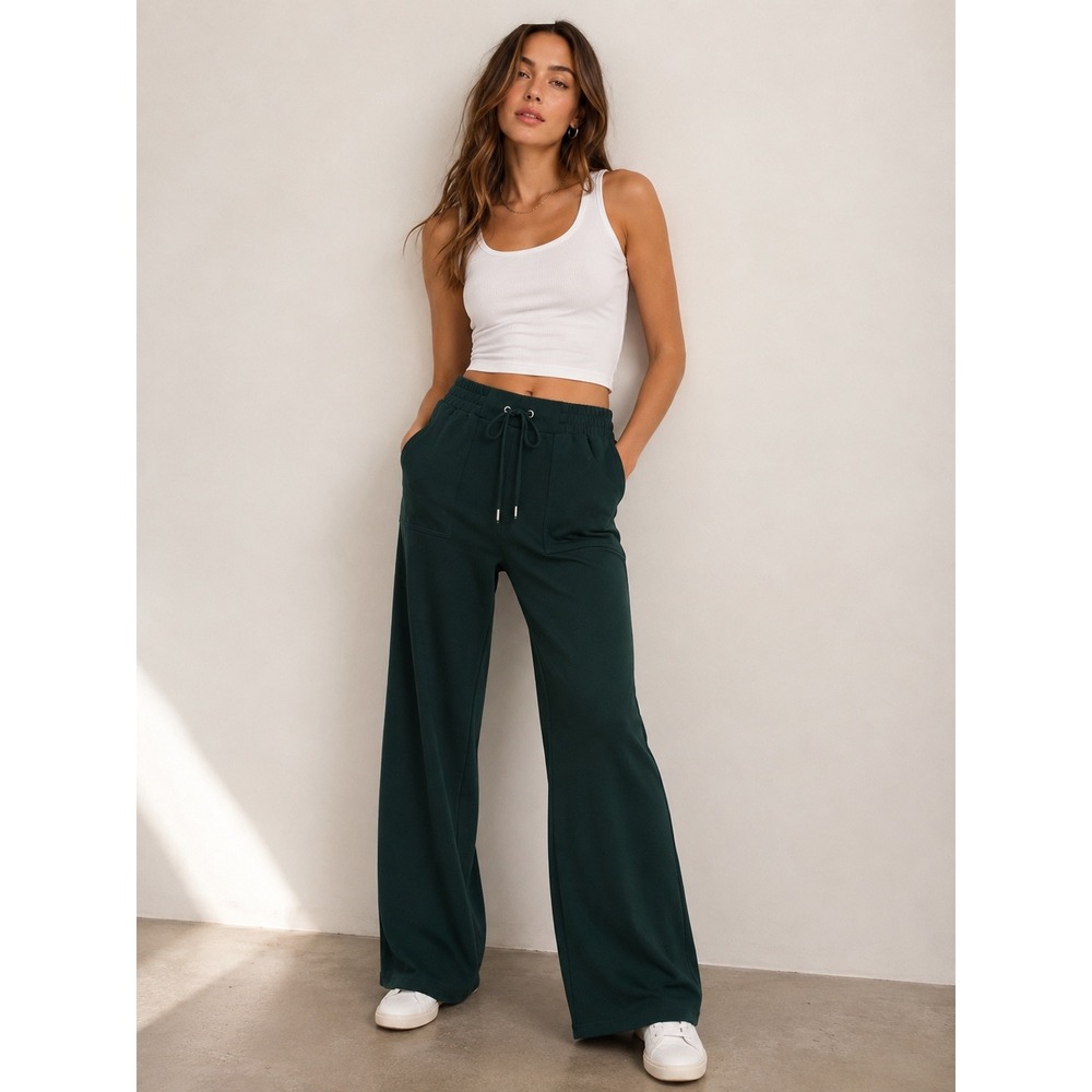 Chloe + Jasmine Women Forest Green Wide Leg Drawstring Trousers Pockets Small